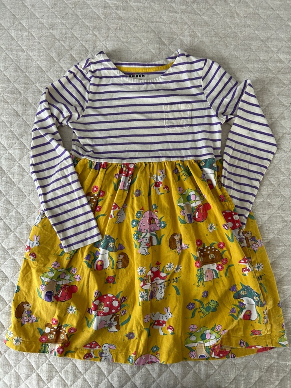 Boden Purple-Striped Top with Yellow Mushroom Print Skirt Dress
